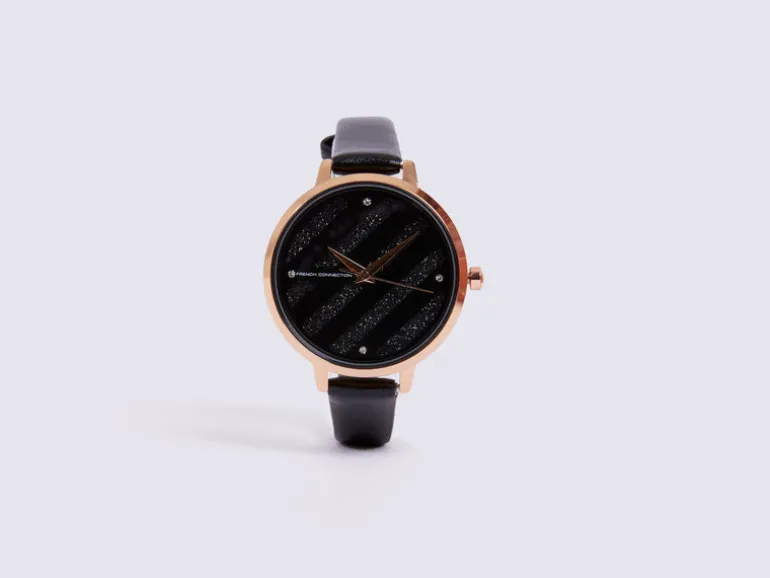 Leather Strap Watch with Glitter Dial<FRENCH CONNECTION New
