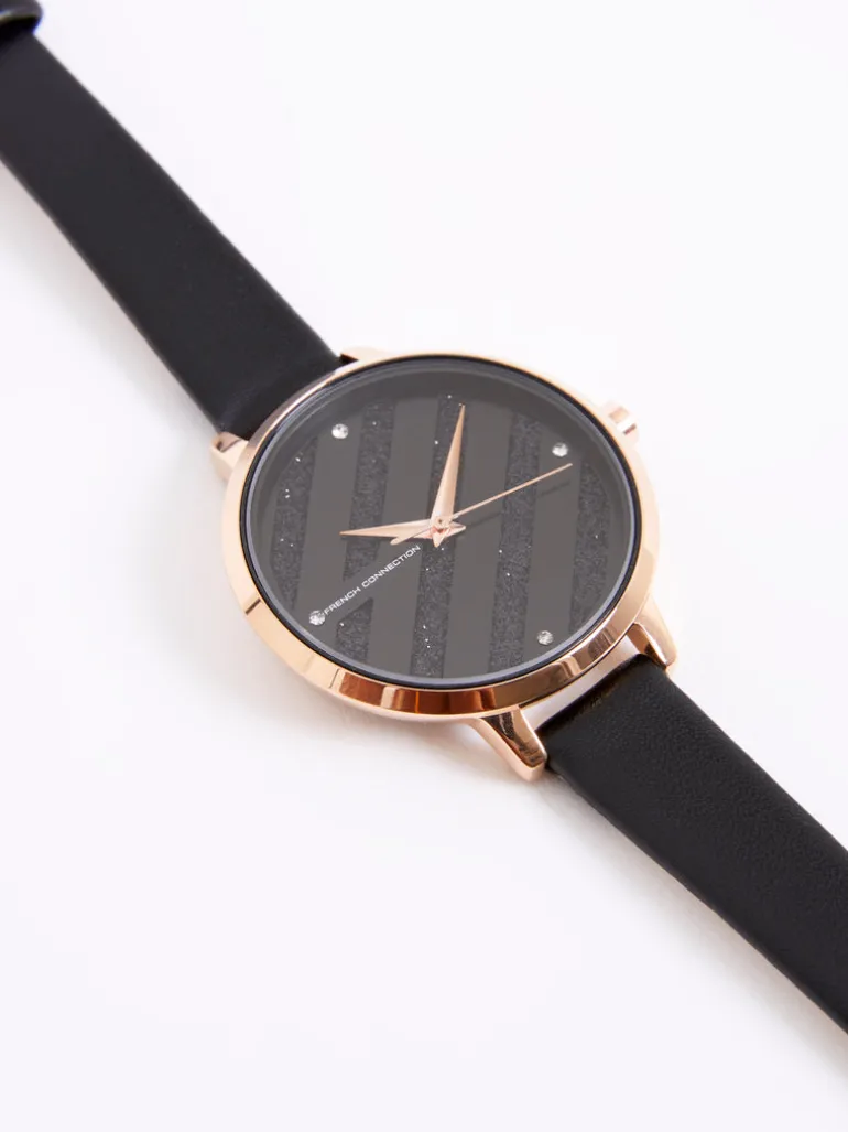 Leather Strap Watch with Glitter Dial<FRENCH CONNECTION New