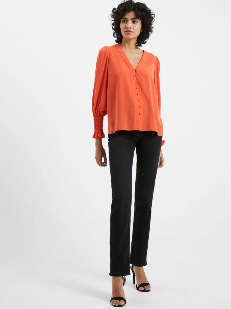 Crepe V-Neck Smocked Sleeve Blouse<FRENCH CONNECTION New