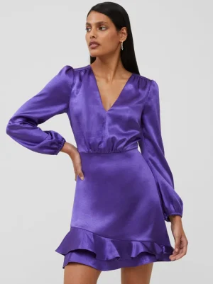 Denney Satin V-Neck Mini Dress<FRENCH CONNECTION Clearance