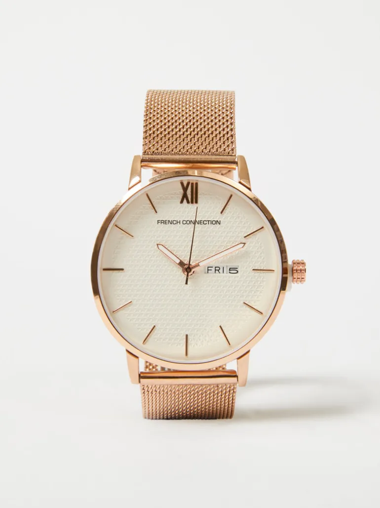 Rose Gold Tone Mesh Bracelet Watch with White Dial<FRENCH CONNECTION Flash Sale