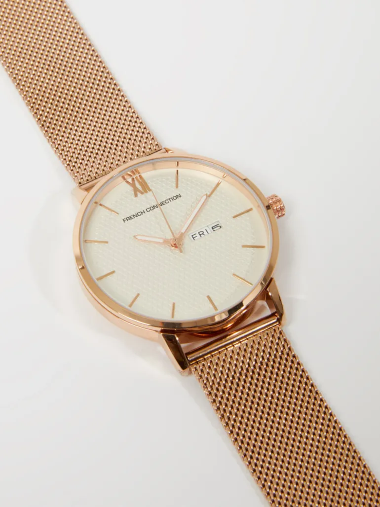 Rose Gold Tone Mesh Bracelet Watch with White Dial<FRENCH CONNECTION Flash Sale