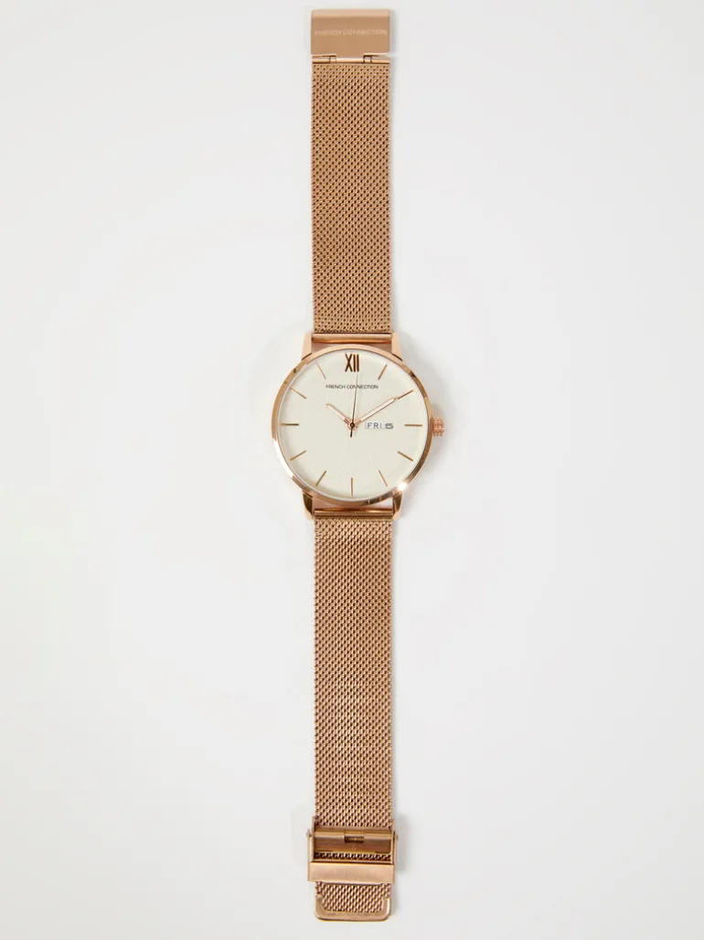 Rose Gold Tone Mesh Bracelet Watch with White Dial<FRENCH CONNECTION Flash Sale